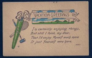 Vacation Greetings Golf Clubs Tennis Racket  used c1916