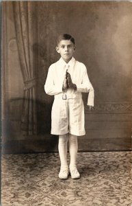 RPPC Communion Sweet Boy in White Praying Hands Postcard V15