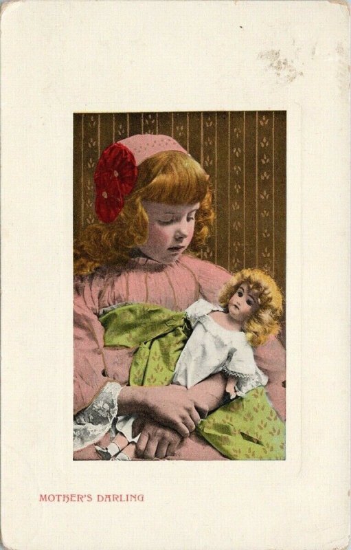 Girl with Doll 'Mother's Darling' Child Pink Dress Hat c1918 Postcard G59