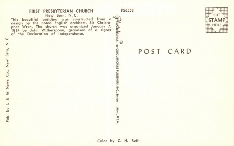 Vintage Postcard First Presbyterian Church New Bern North Carolina NC