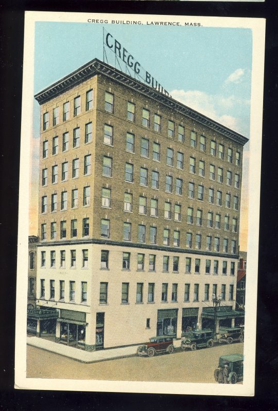 Lawrence, Massachusetts/MA/Mass Postcard, Cregg Building, Old Cars