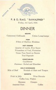 P&O RMS Rawalpindi Indian Ship Antique 1936 Dinner Menu