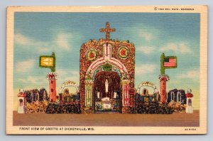 Front View Of Grotto At Dickeyville Wisconsin Unposted Postcard Flags Cross