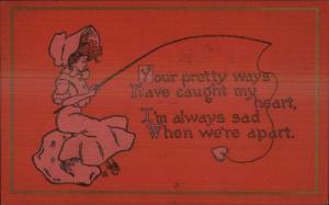 Arts & Crafts Desarts Studios #2156 Pretty Woman Fishing Hearts c1910 Postcard