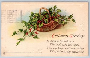 Christmas Greetings, Holly Basket, 1925 Postcard, Muskoka Hospital Slogan Cancel