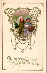 Gel Christmas Postcard Two Little Girls Walking in Snow Basket Food Tree