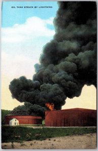 Oil Tank Struck By Lighting, Big High Black Smoke, Fire, Vintage Postcard