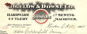 1902 BIGELOW & DOWSE CO BICYCLES HARDWARE SEWING MACHINES BOSTON BILLHEAD Z4211