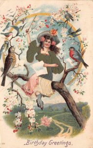 BIRTHDAY GREETINGS WOMAN BIRDS TREE FLOWERS SILK NOVELTY EMBOSSED POSTCARD 1908