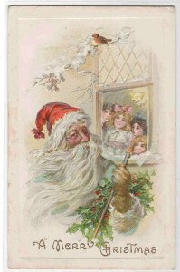 Santa Children at Window Christmas 1912 postcard