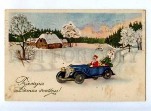 202787 Red SANTA CLAUS in Blue CAR Vintage NEW YEAR postcard