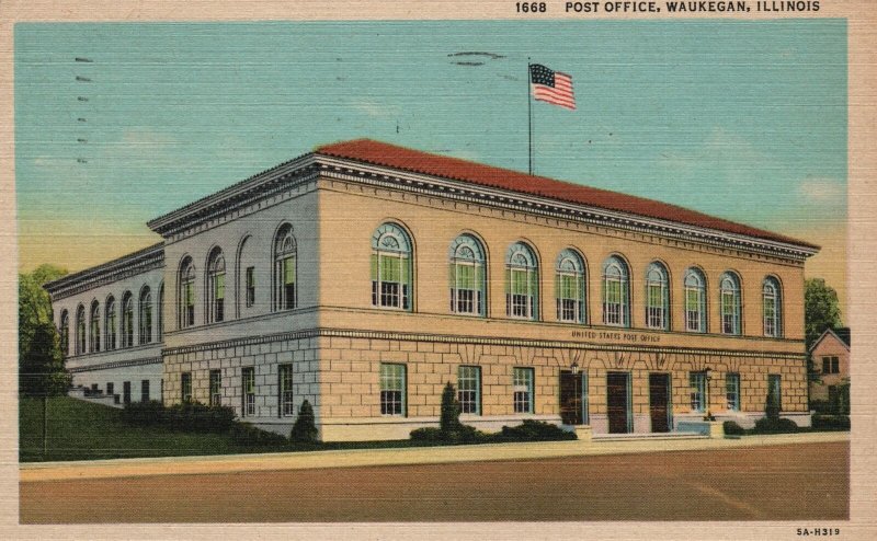 Waukegan IL-Illinois, 1949 Post Office Building Bishop Posted Vintage Postcard