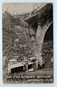 WWI Luxembourg US Army Soldier Truck Crash Off Bridge Real Photo Postcard RPPC