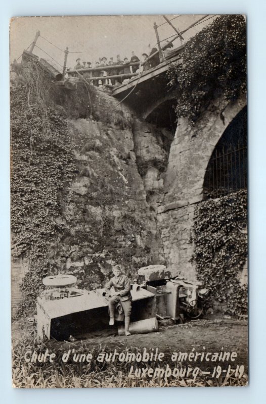 WWI Luxembourg US Army Soldier Truck Crash Off Bridge Real Photo Postcard RPPC