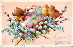 Happt Easter With Pussy Willows Chicks and Easter Eggs 1911