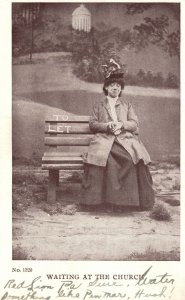 Vintage Postcard 1907 Waiting At The Church Woman Sitting On Bench Lonely Alone