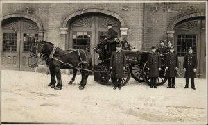 Peabody MA Photog - Fire Engine Station Crew - Lynn MA Cancel 1909 RPPC