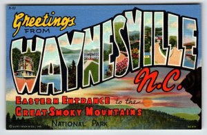 Greetings From Waynesville North Carolina Large Big Letter Linen State Postcard