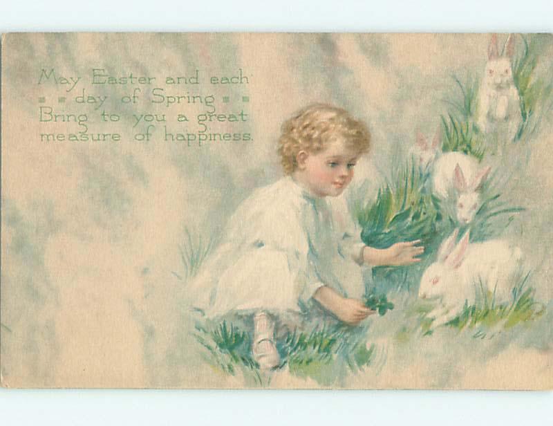 Unused Divided-Back easter CHILD REACHES FOR WHITE BUNNY RABBIT r2891