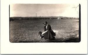 RPPC IL Woman Petting Pig In Field Telephone Pole Farm Life Real Photo Postcard 