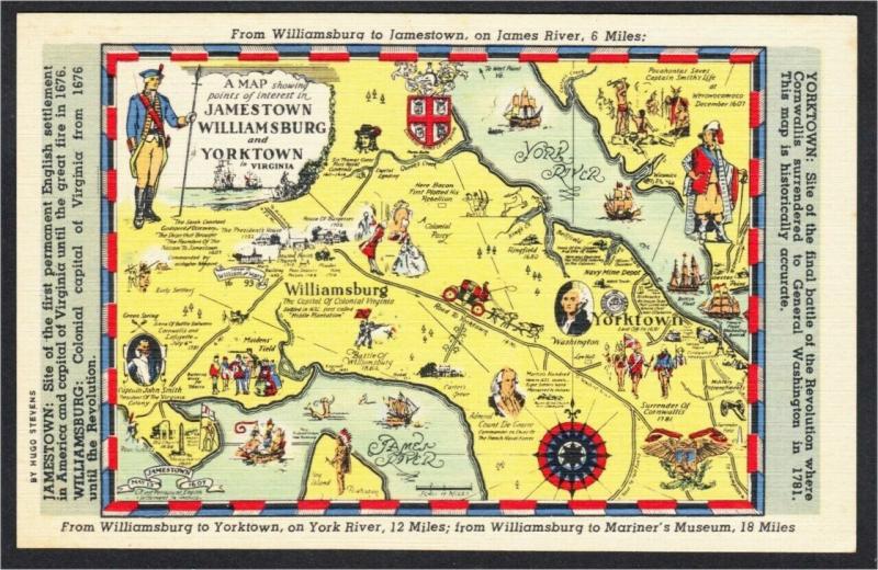 Jamestown Williamsburg Yorktown Virginia Map 1940s-1950s VA Linen Postcard