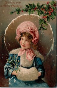 Christmas Beautiful Victorian Girl Pink Hat Coat Snow Flocked Moon Postcard Z1