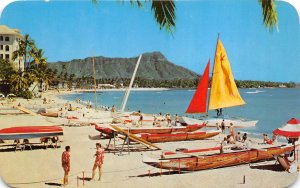 Honolulu Hawaii 1960s Postcard Waikiki Beach Boats Ocean Sand 