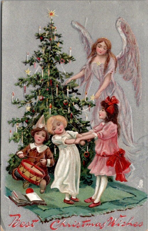 Christmas Floating Angel Children Dancing Boy Drum Tuck no. 136 Postcard X20