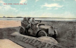 Atlantic City, New Jersey SAND ARTIST Old Car Beach Scene 1910s Vintage Postcard