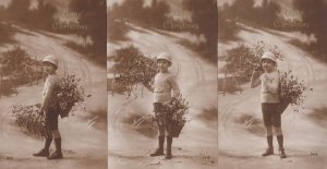 Boy Carrying Mistletoe Berries Tree Basket Carrier 3x Antique Christmas Postcard