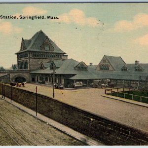 c1910s Springfield, MA Train Station Birds Eye Railway Depot Litho PC Mass. A198