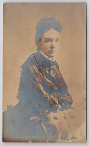 RPPC Edwardian Woman Leaning On Tufted Chair Real Photo Postcard Q27