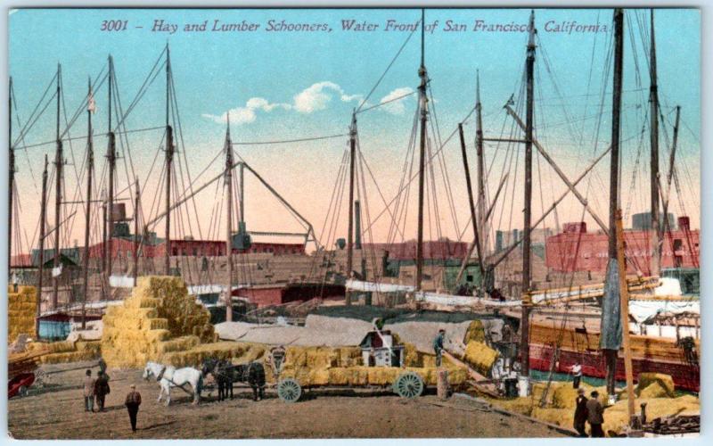 SAN FRANCISCO, California CA  Waterfront  HAY & LUMBER SCHOONERS c1910s Postcard