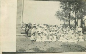 C-1910 Large group Patriotic Girls Flags RPPC Photo Postcard 21-4642