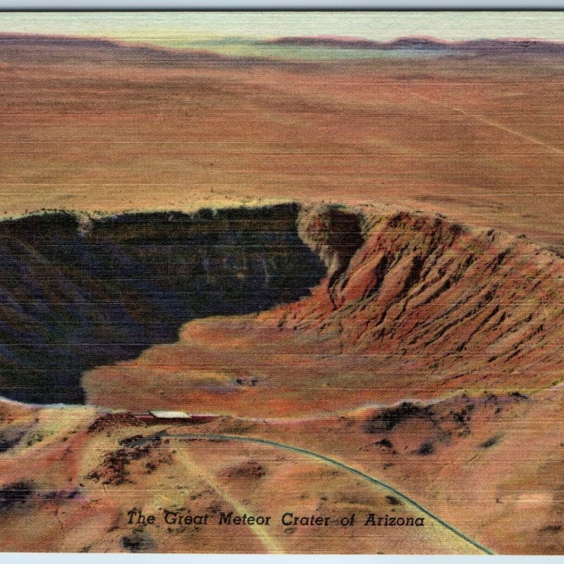 1952 Winslow Flagstaff AZ Great Meteor Crater US Hwy 66 Birds Eye Postcard A244