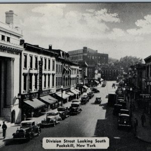 c1940s Peekskill, NY Division Street South Downtown Store Sign Crowd Car PC A201