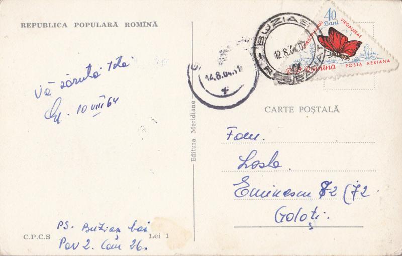Romania postcard from `60s attractive butterfly stamp Buzias Izvorul Republica