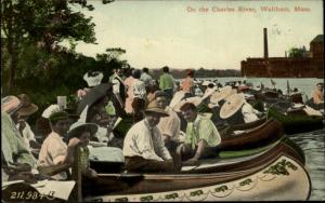 WALTHAM MA Canoes Boating Charles River c1910 Postcard