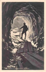 Man in Ice Tunnel Rhône Glacier Swiss Alps Switzerland RPPC Real Photo postcard