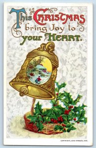 John Winsch Signed Artist Postcard Christmas Big Bell Holly Berries In Basket