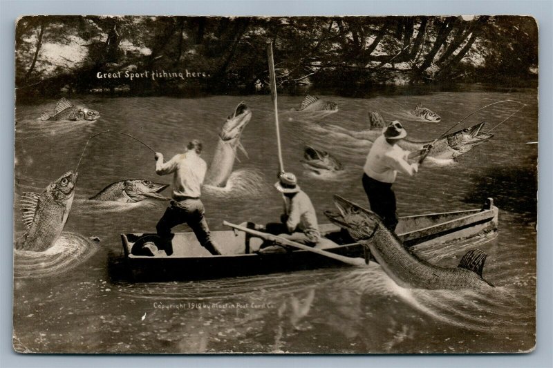 EXAGGERATED FISHING 1910 ANTIQUE REAL PHOTO POSTCARD RPPC by MARTIN CO.