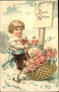 Beautiful Little blonde boy with Big Basket of Flowers c1910 Vintage Postcard