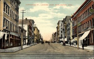 Burlington Iowa IA Jefferson Street Trolley c1910 Vintage Postcard