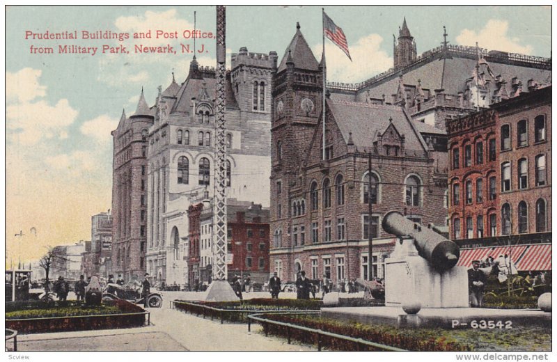 NEWARK, New Jersey; Prudential Buildings and Post Office from Military Park, ...