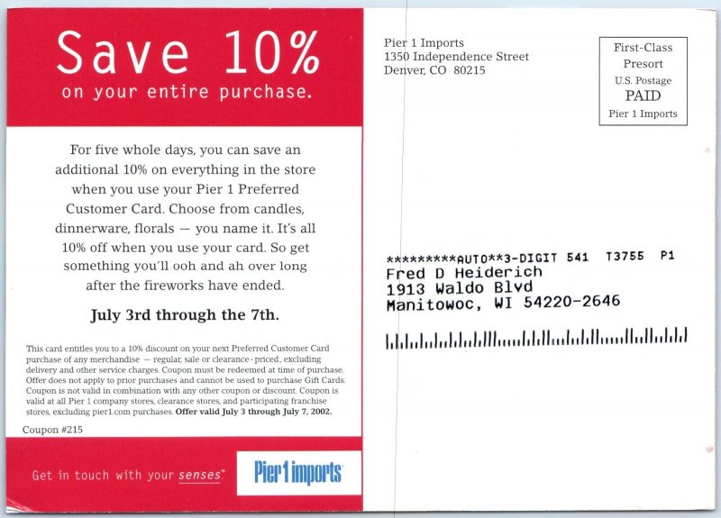 2002 Pier 1 Imports Advertising Postcard Dinnerware 4 July Holiday Promotion M38