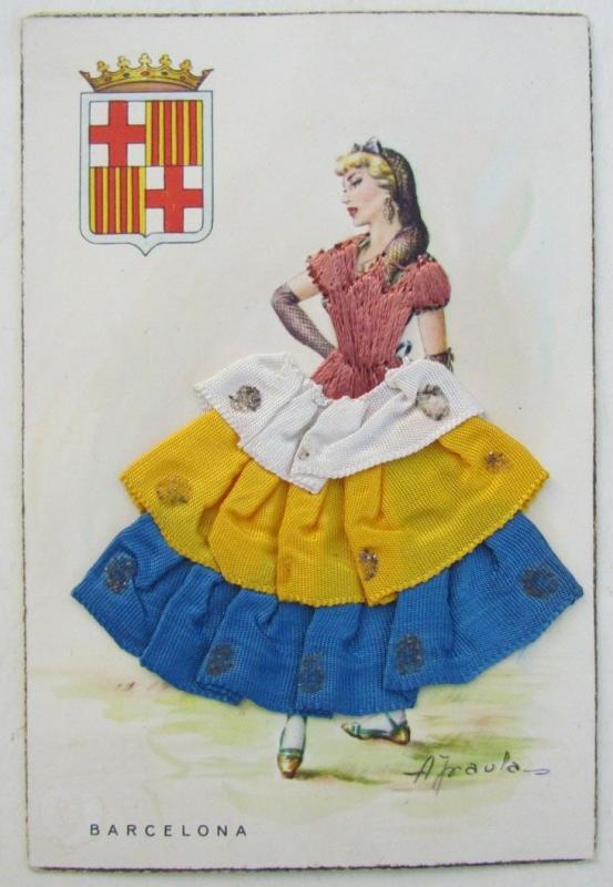 BARCELONA SPAIN DANCER EMBROIDERED VINTAGE POSTCARD ARTIST SIGNED