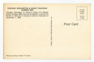 Postcard Chicago, Burlington & Quincy Railroad Number 4952 Standard View Card
