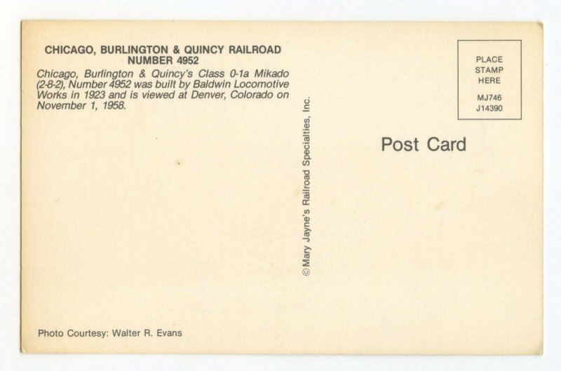 Postcard Chicago, Burlington & Quincy Railroad Number 4952 Standard View Card 