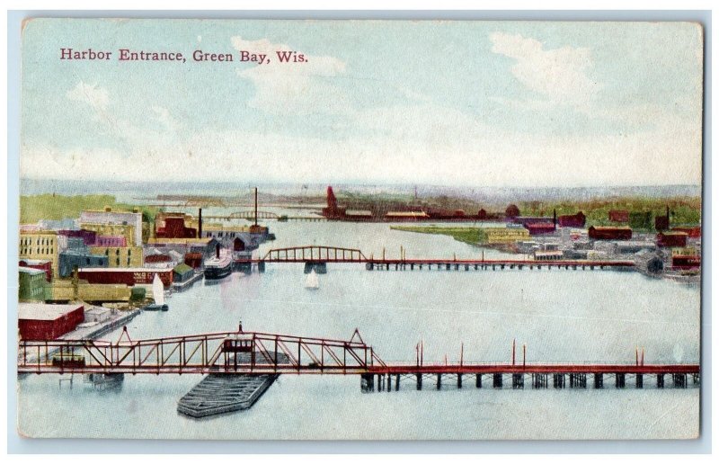 c1950's Harbor Entrance Truss Bridges Buildings Green Bay Wisconsin WI Postcard 