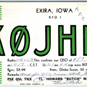 1958 Exira IA Howard Butch Wahlert Amateur Ham CB Radio QSL Postcard SX99 A209
